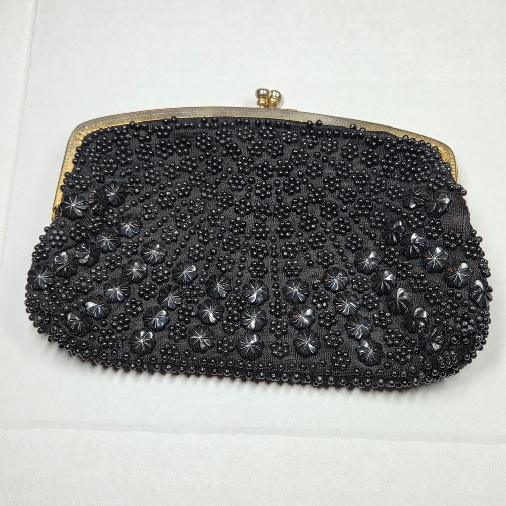 Vintage Security Quality Plus Black Beaded Clutch Evening Bag Hand Made HongKong